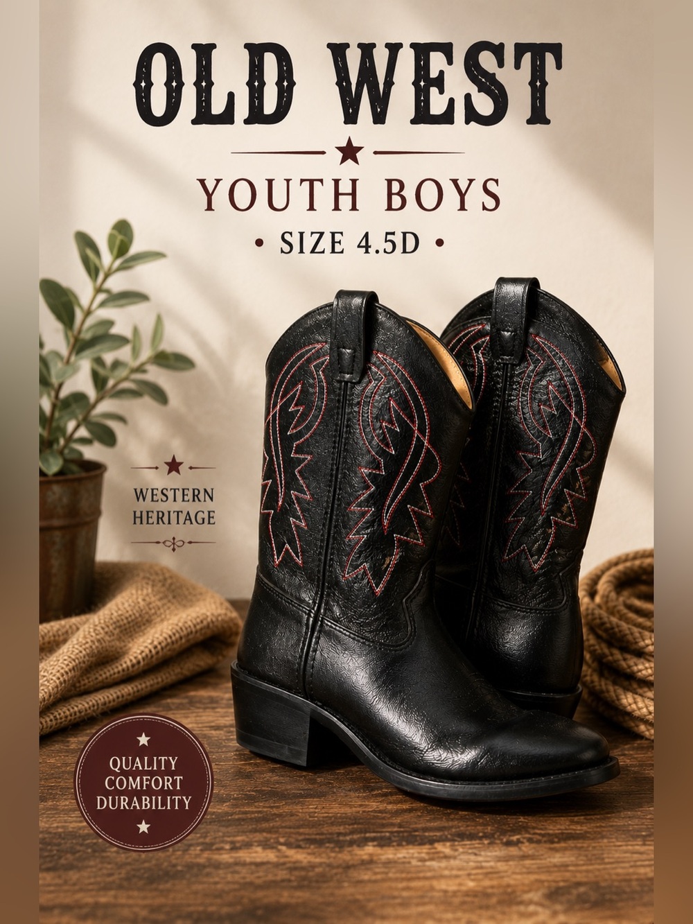 Old West Black Leather Western Cowboy Boots Red Stitch Youth 4.5D